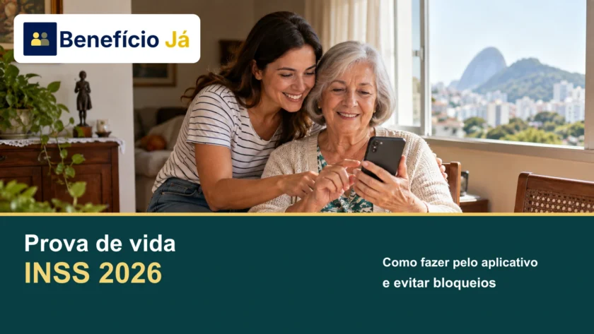 Prova de vida INSS 2026: como fazer pelo APP e evitar o bloqueio do benefício. Capa do Benefício Já.